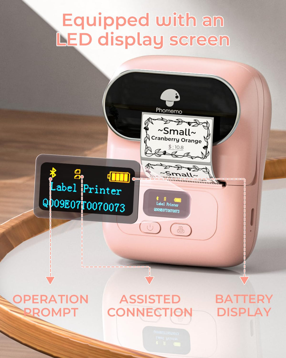 Phomemo M110 on a tidy desk with labels and supplies showing organized workspace support