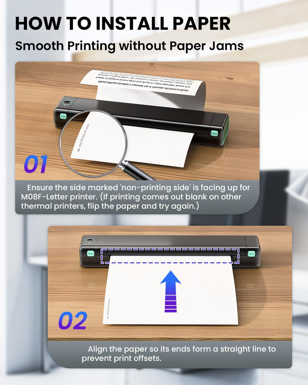 Phomemo paper inside briefcase in office scene showing travel-ready printing capability