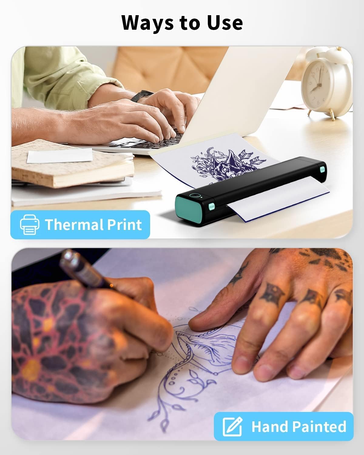 Phomemo studio scene with sheets and tools showing organised tattoo workflow