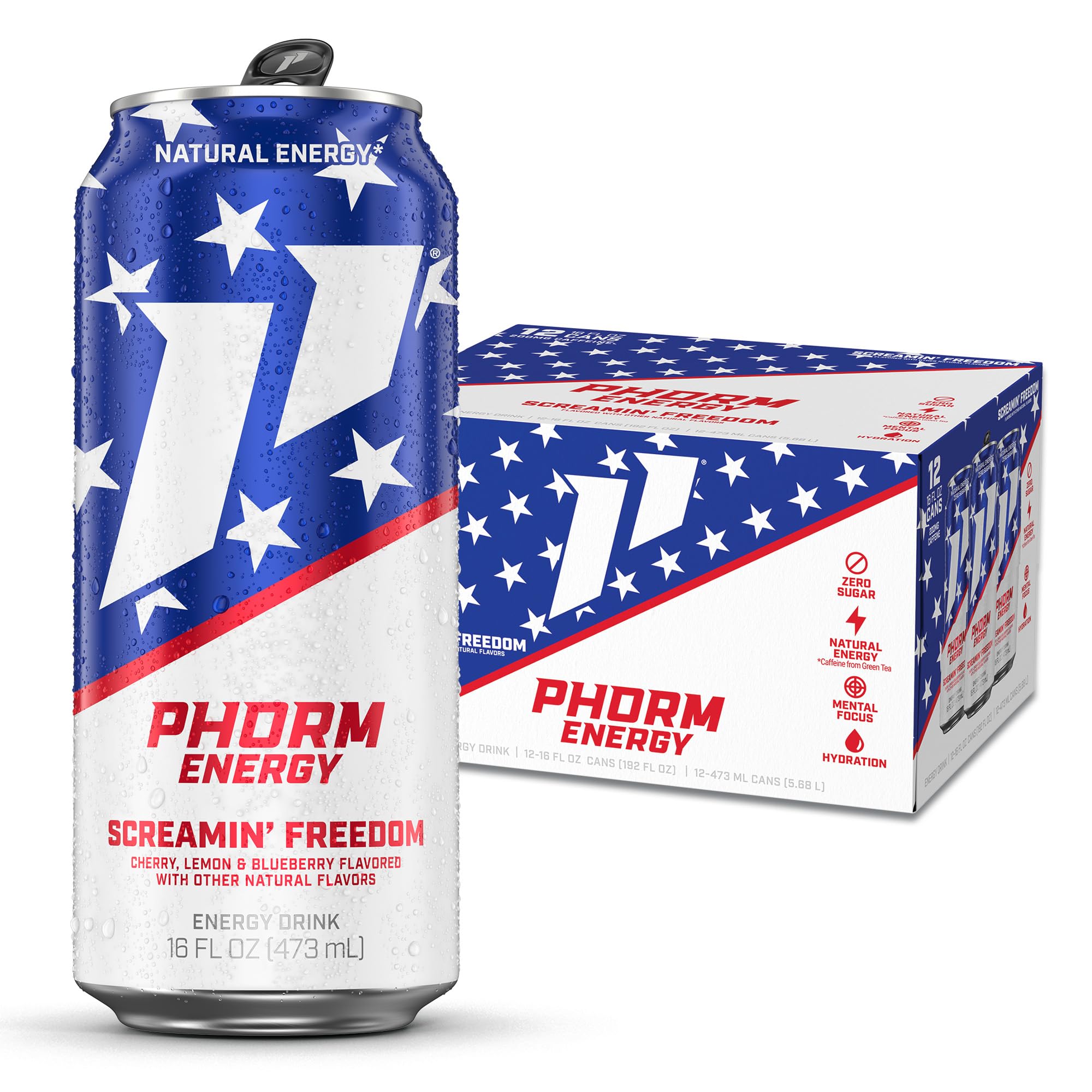 PHORM ENERGY front can shot showing Screamin’ Freedom flavor and bold branding for quick recognition