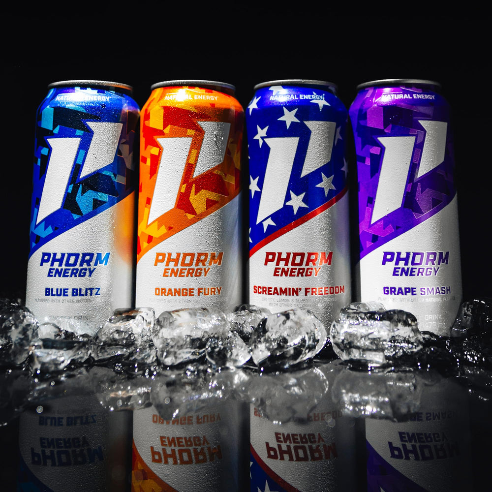 PHORM ENERGY twelve-pack box display demonstrating bulk value and shelf-ready packaging