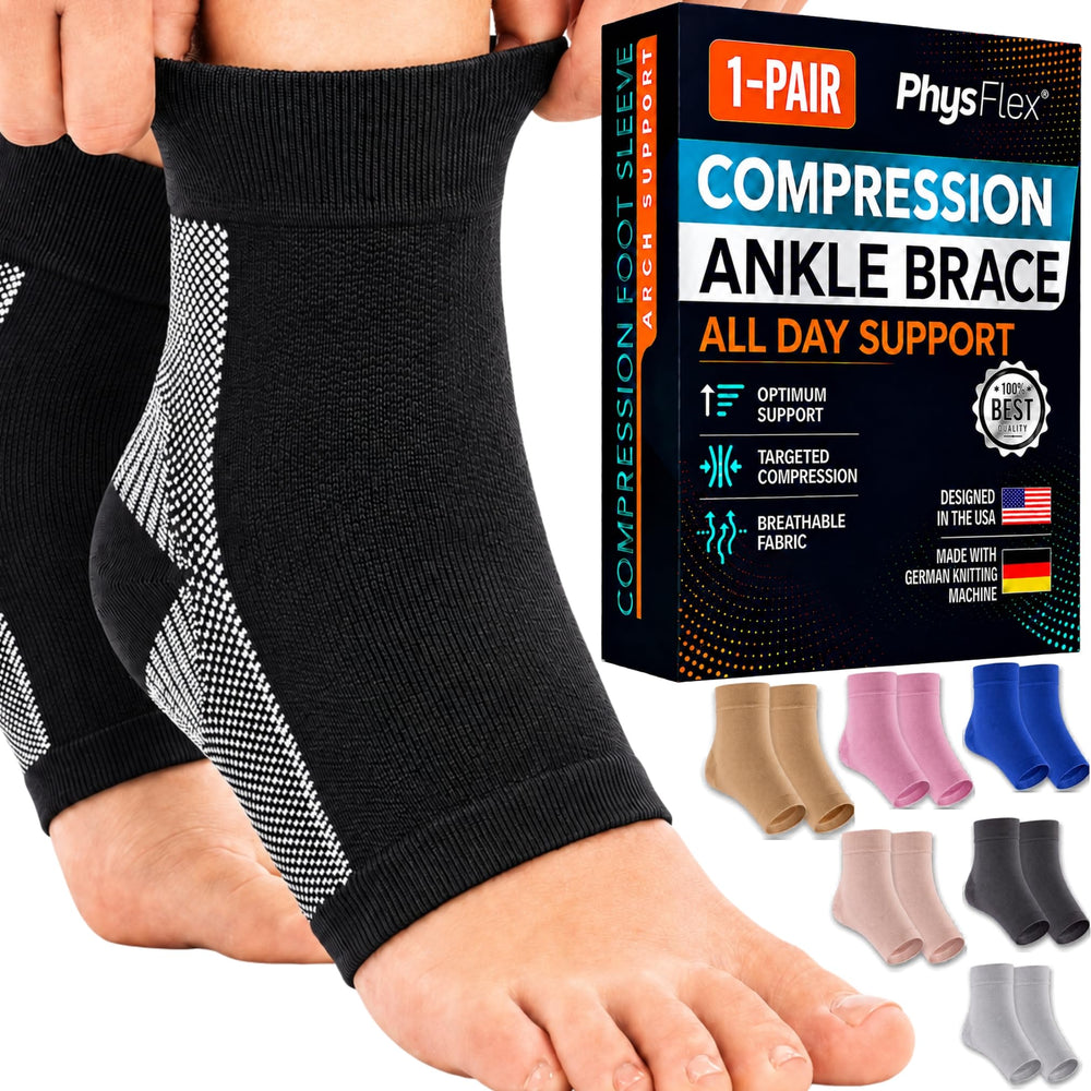 PhysFlex ankle brace sock front view showing sleek fit and support benefit