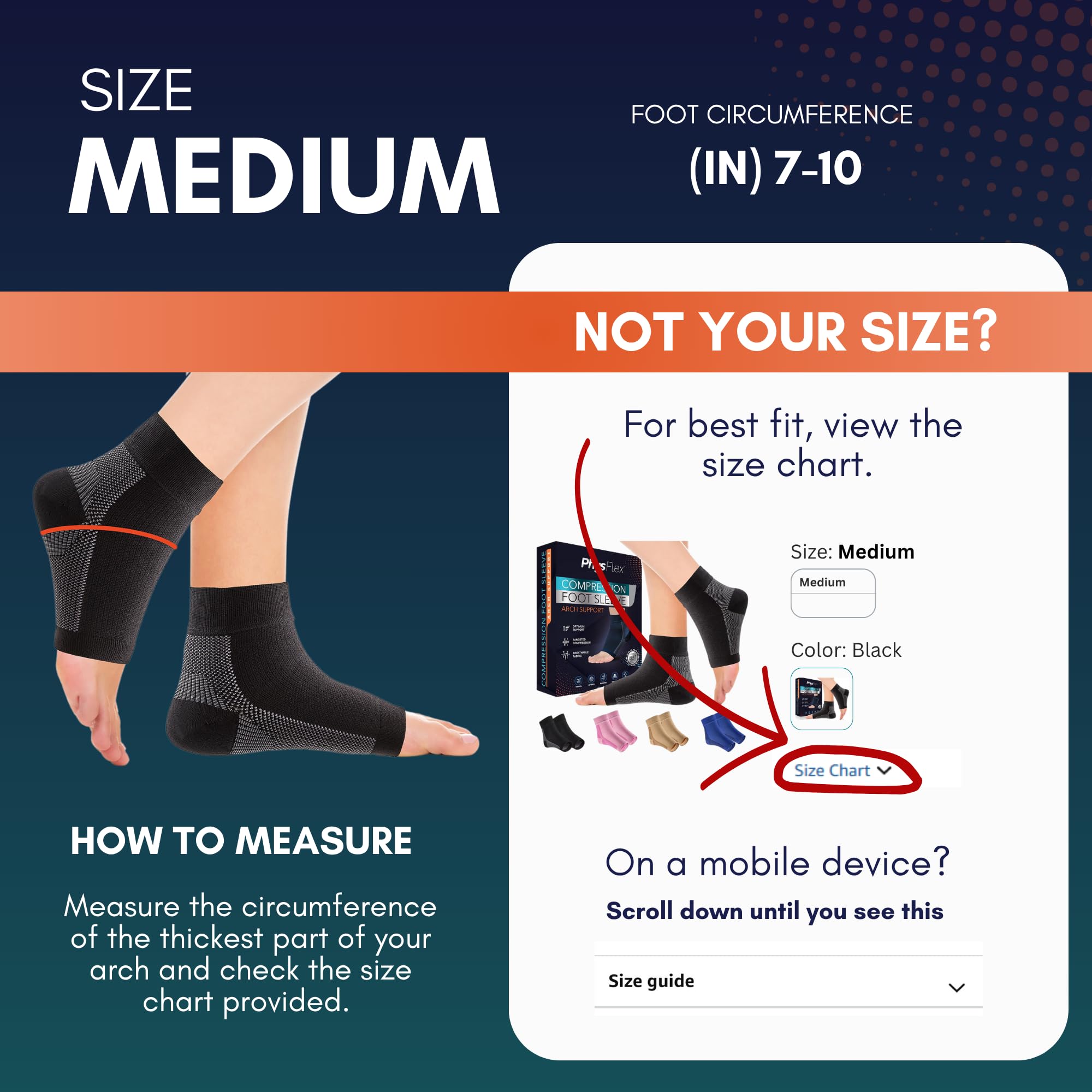 PhysFlex size chart and measurement guide ensuring correct compression fit
