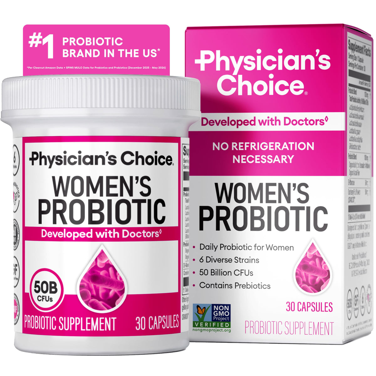Physician's CHOICE front label showing women probiotic benefits and daily use