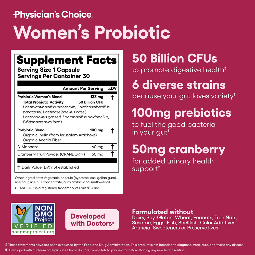 Physician's CHOICE supplement facts label listing strains and third-party tested quality