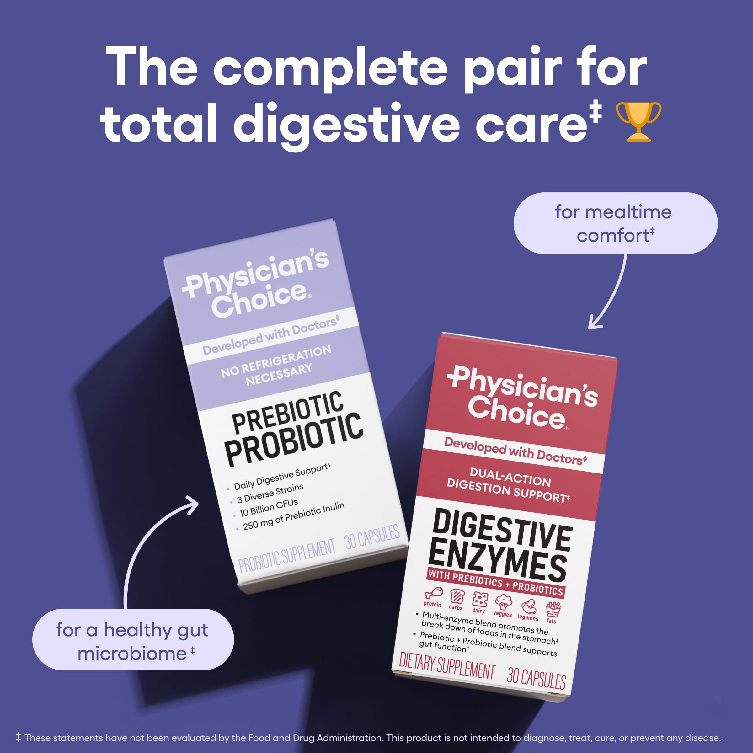 Physician's CHOICE on kitchen counter with fruit to suggest everyday digestive support