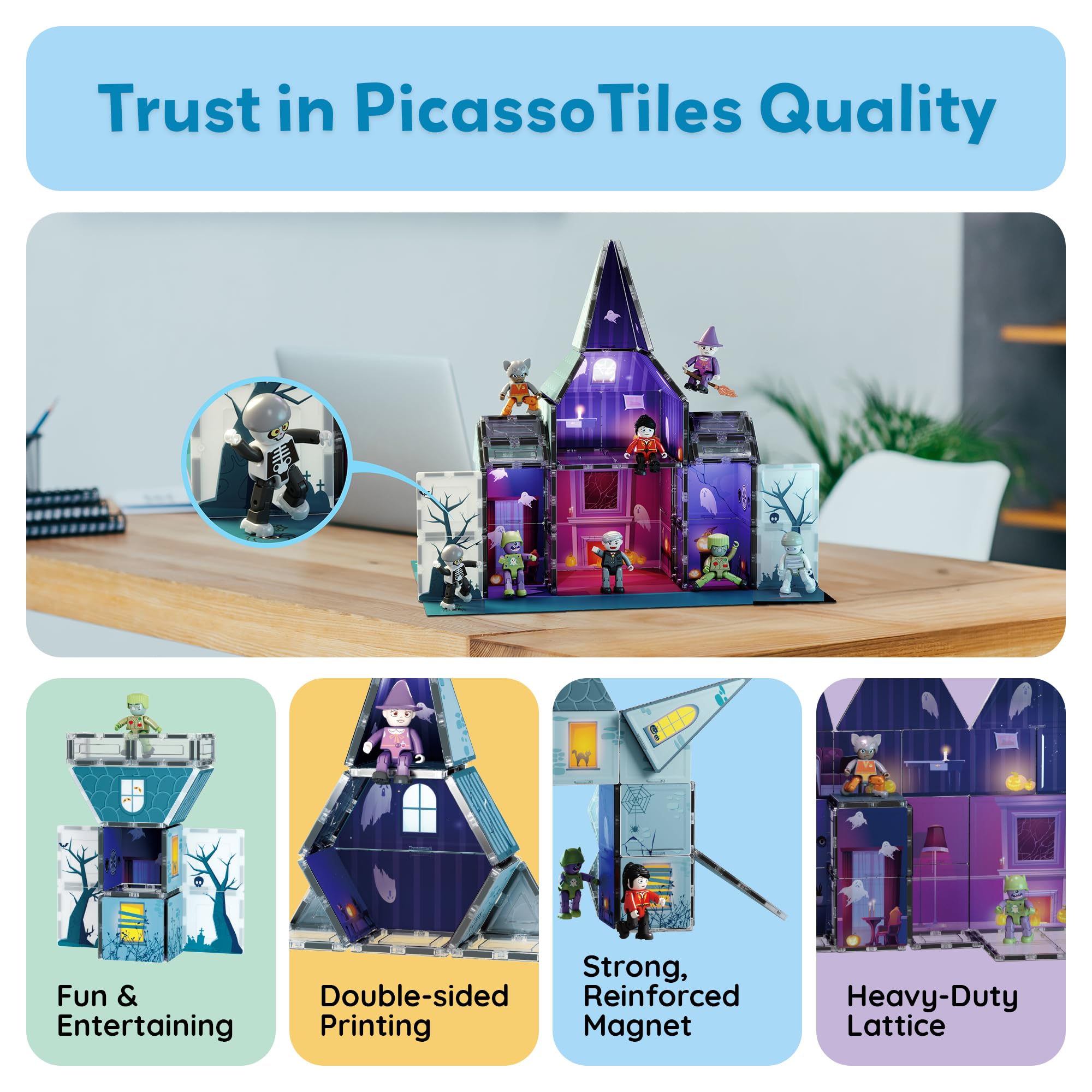 PicassoTiles classroom display with multiple builds showing group use benefit educational play