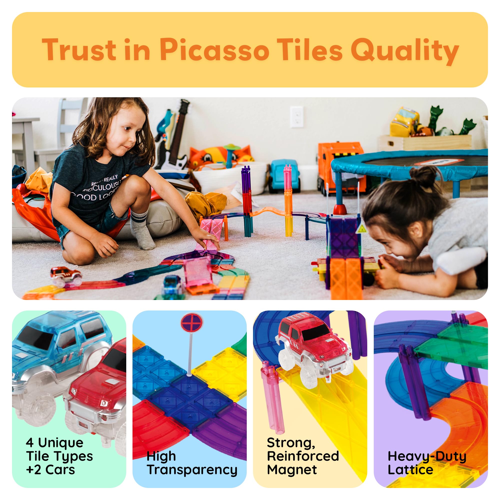 PicassoTiles colorful pieces spread displaying versatile parts for creative builds