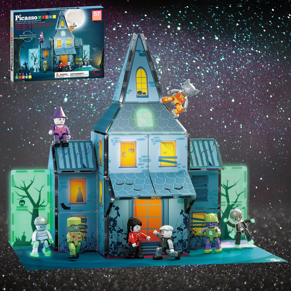 PicassoTiles front packaging showing haunted house set and pieces benefit quick identification