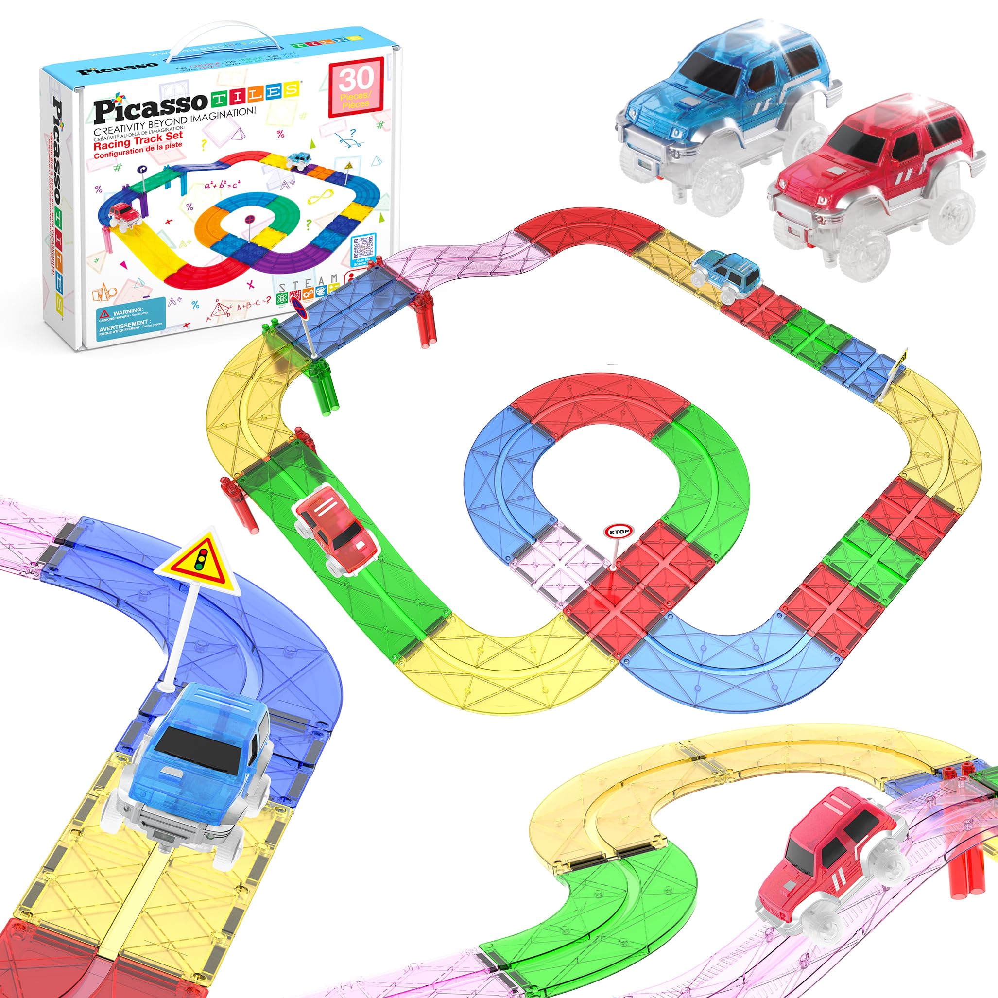 PicassoTiles front packaging showing 30-piece magnetic race track set promoting STEM play