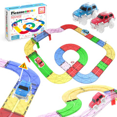 PicassoTiles front packaging showing 30-piece magnetic race track set promoting STEM play