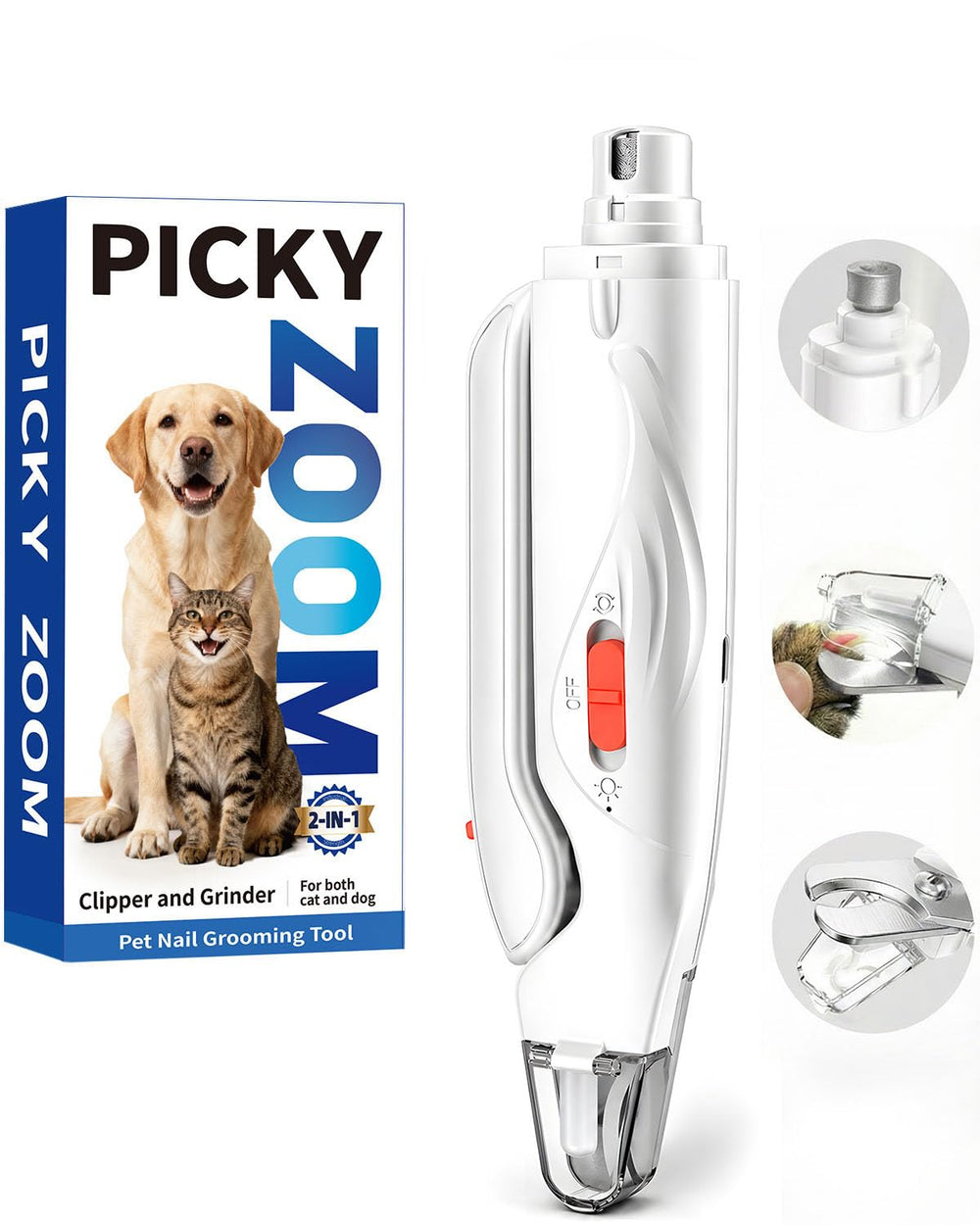 Picky zoom front view of product packaging showing all accessories and benefits