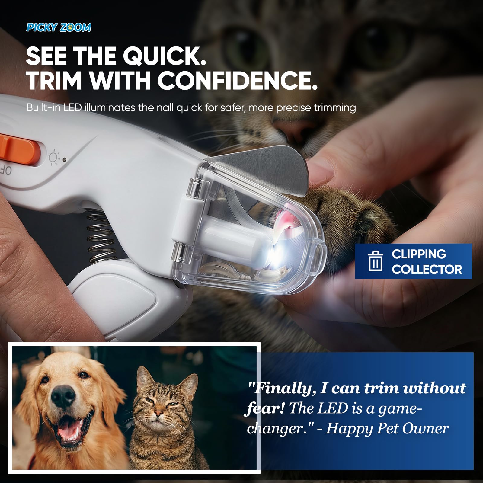 Picky zoom LED light illuminating a pet nail to help see the quick