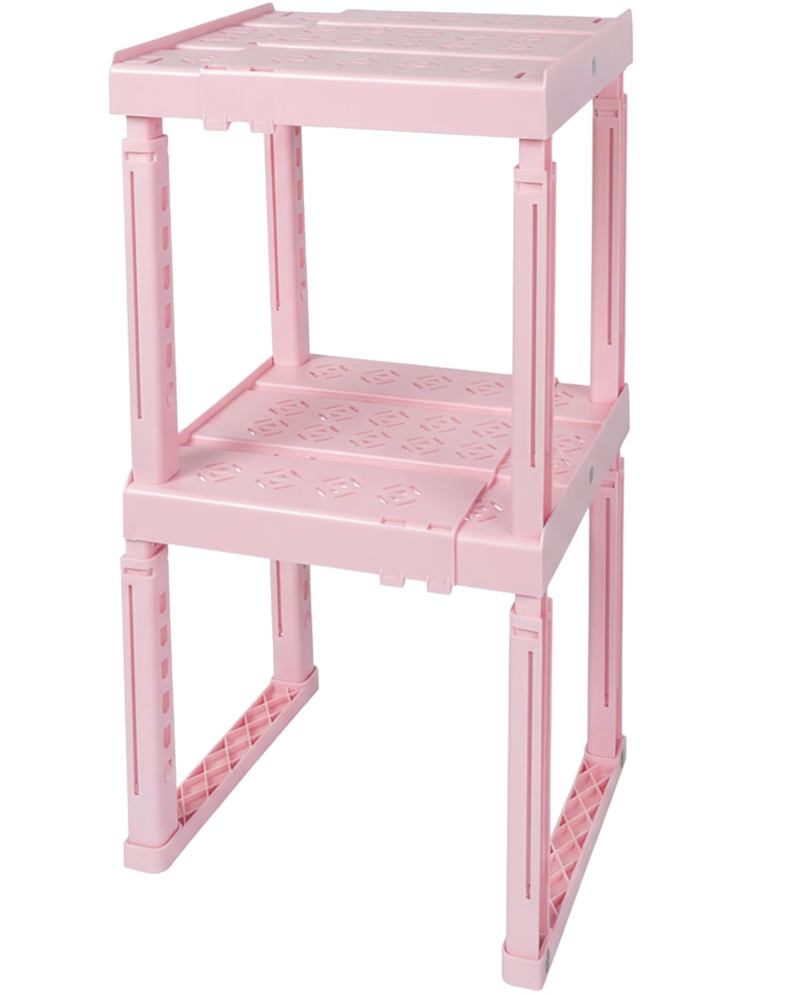 Piffny front view of two pink shelves showing included pair and benefits