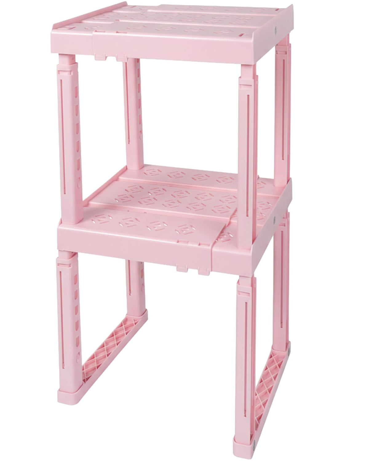 Piffny front view of two pink shelves showing included pair and benefits