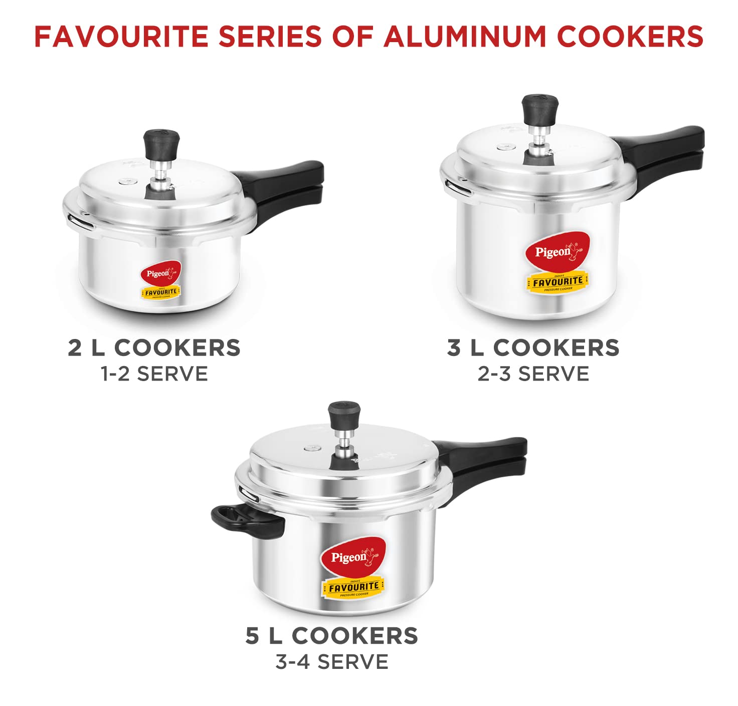 Pigeon pressure cooker beside measuring jug showing 3-litre capacity and space-saving benefit
