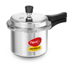 Pigeon 3L pressure cooker front view showing silver aluminium body and lid, durable design benefit