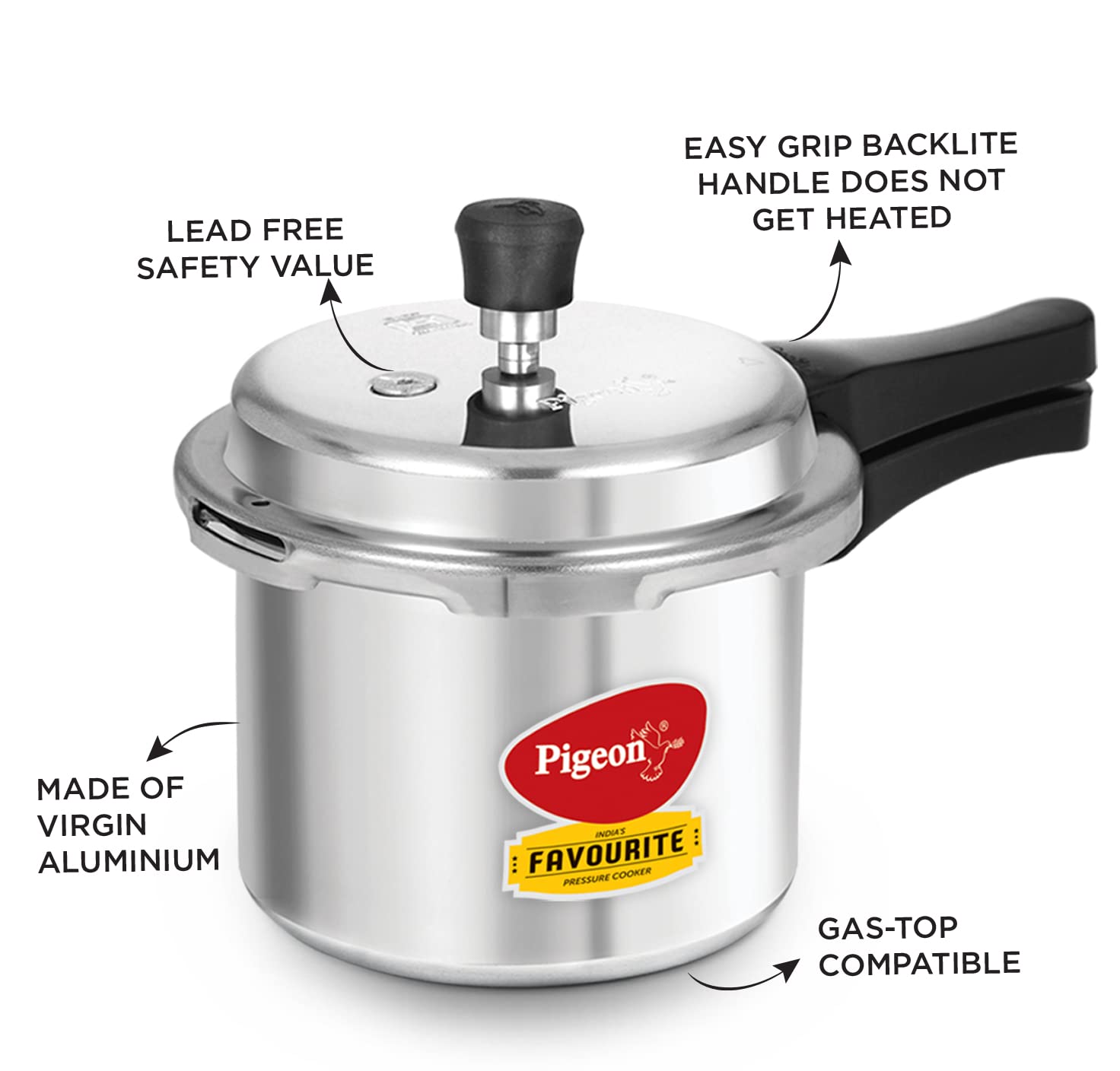 Pigeon pressure cooker bakelite handle close-up highlighting ergonomic grip and heat resistance benefit