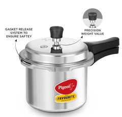 Pigeon pressure cooker inner lid detail demonstrating secure sealing and easy cleaning benefit