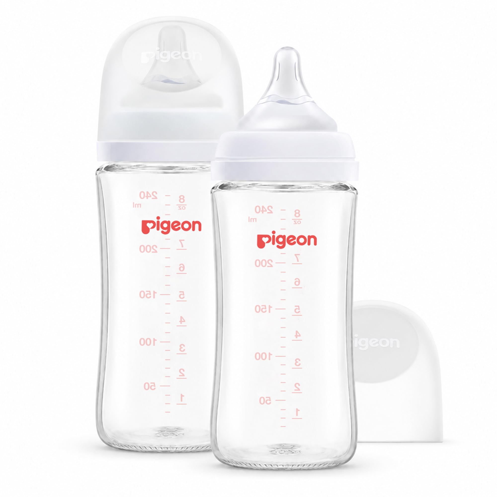 PIGEON glass bottle front view showing clean design and easy pour benefit