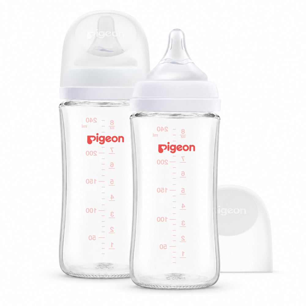 PIGEON glass bottle front view showing clean design and easy pour benefit