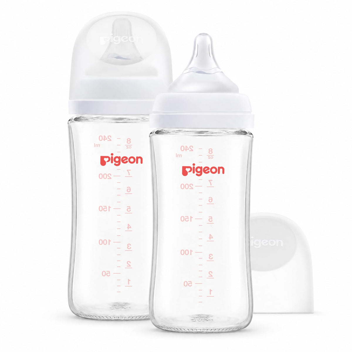 PIGEON glass bottle front view showing clean design and easy pour benefit