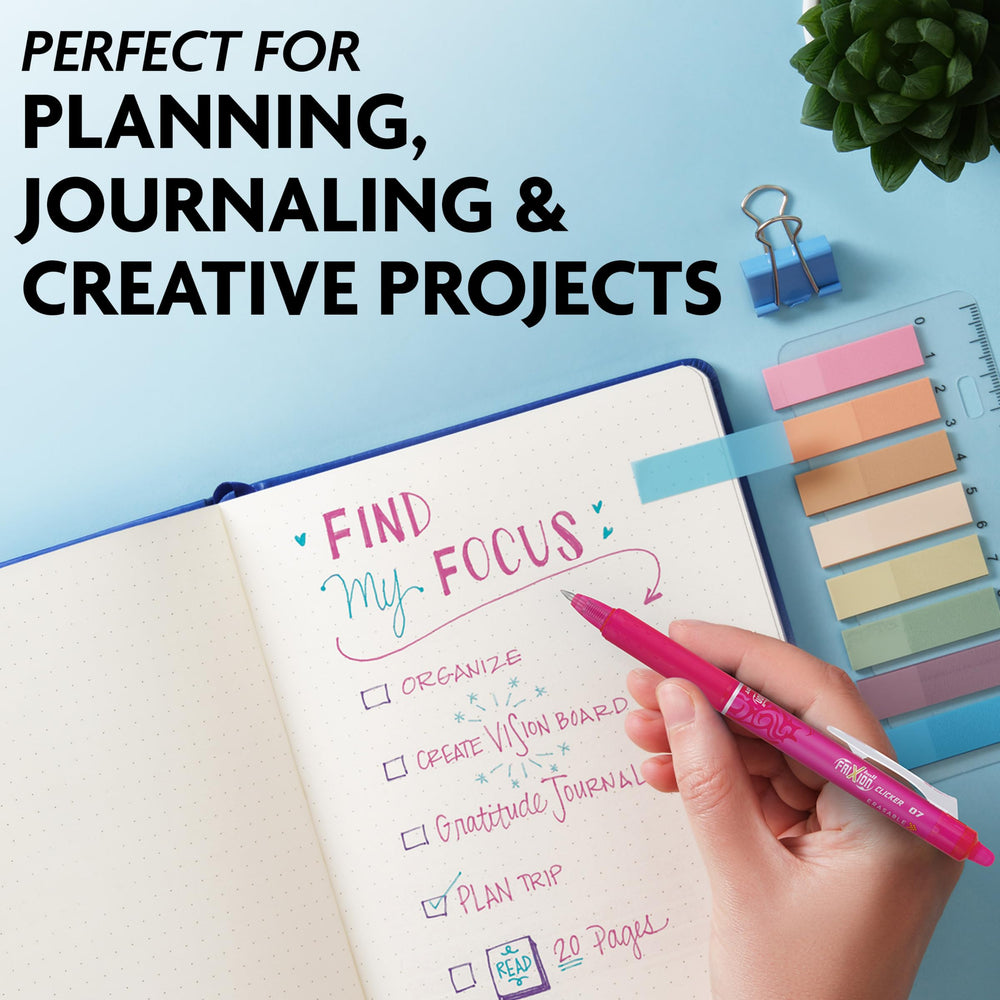 Overhead spread of PILOT FriXion Clicker colors for color-coding and creativity