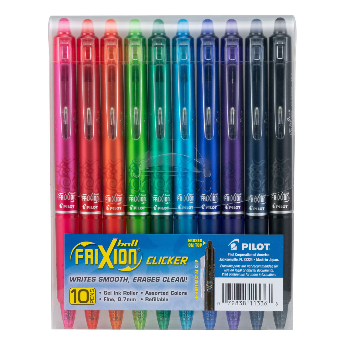 PILOT FriXion Clicker front packaging showing 15 assorted colors and convenience