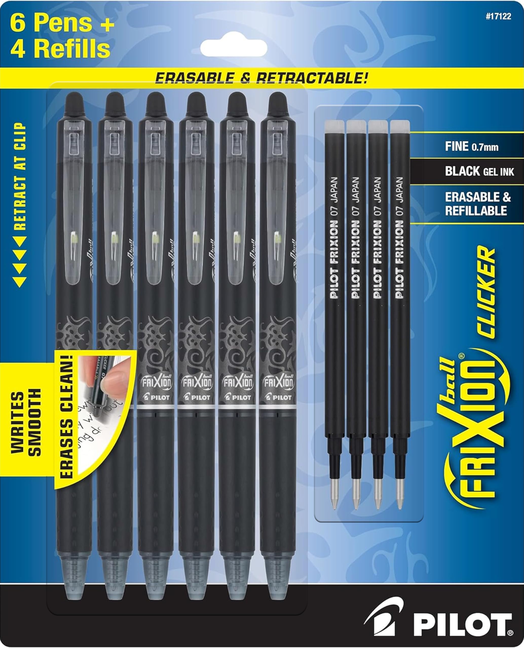 PILOT FriXion Clicker front view showing sleek black barrel and clip for professional use