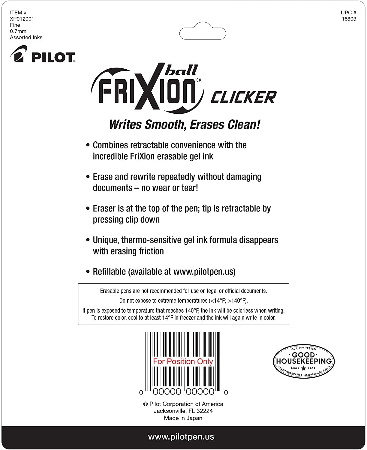 PILOT FriXion Clicker open with refill visible indicating refillable, cost-saving design