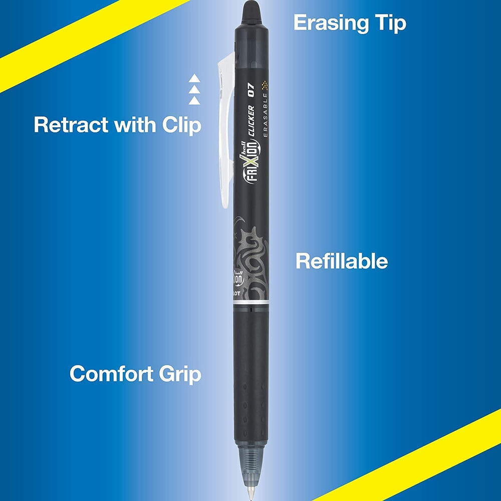 PILOT FriXion Clicker tip and black line sample showing 0.7mm fine point precision