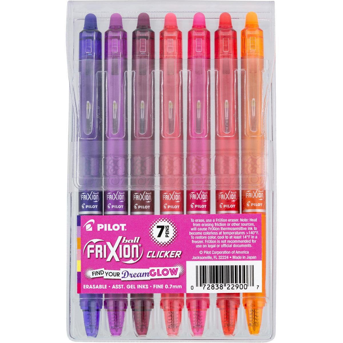 PILOT FriXion Vibe front packaging showing seven Dreamglow pens and benefits
