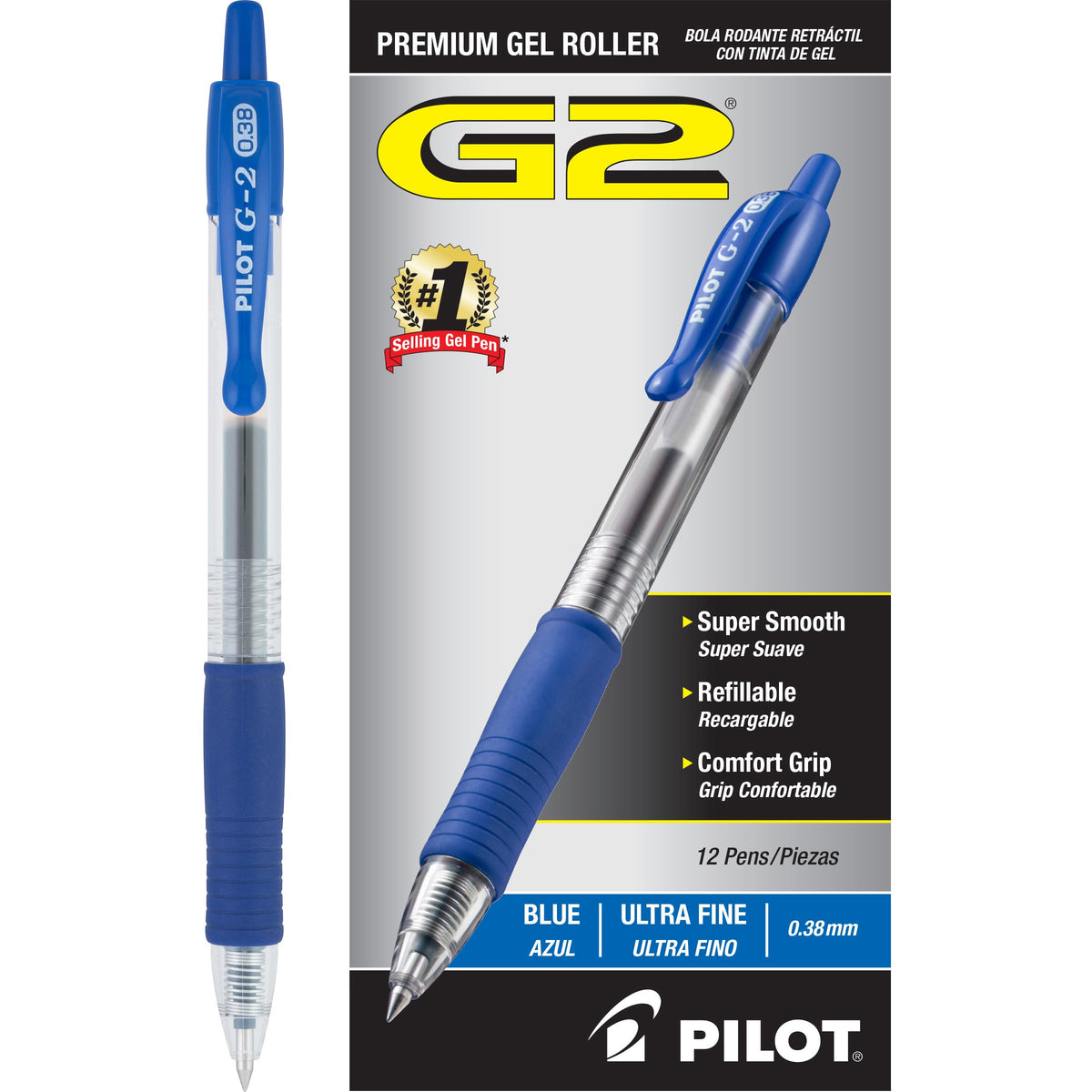PILOT G2 front packaging showing twelve blue gel pens and benefits