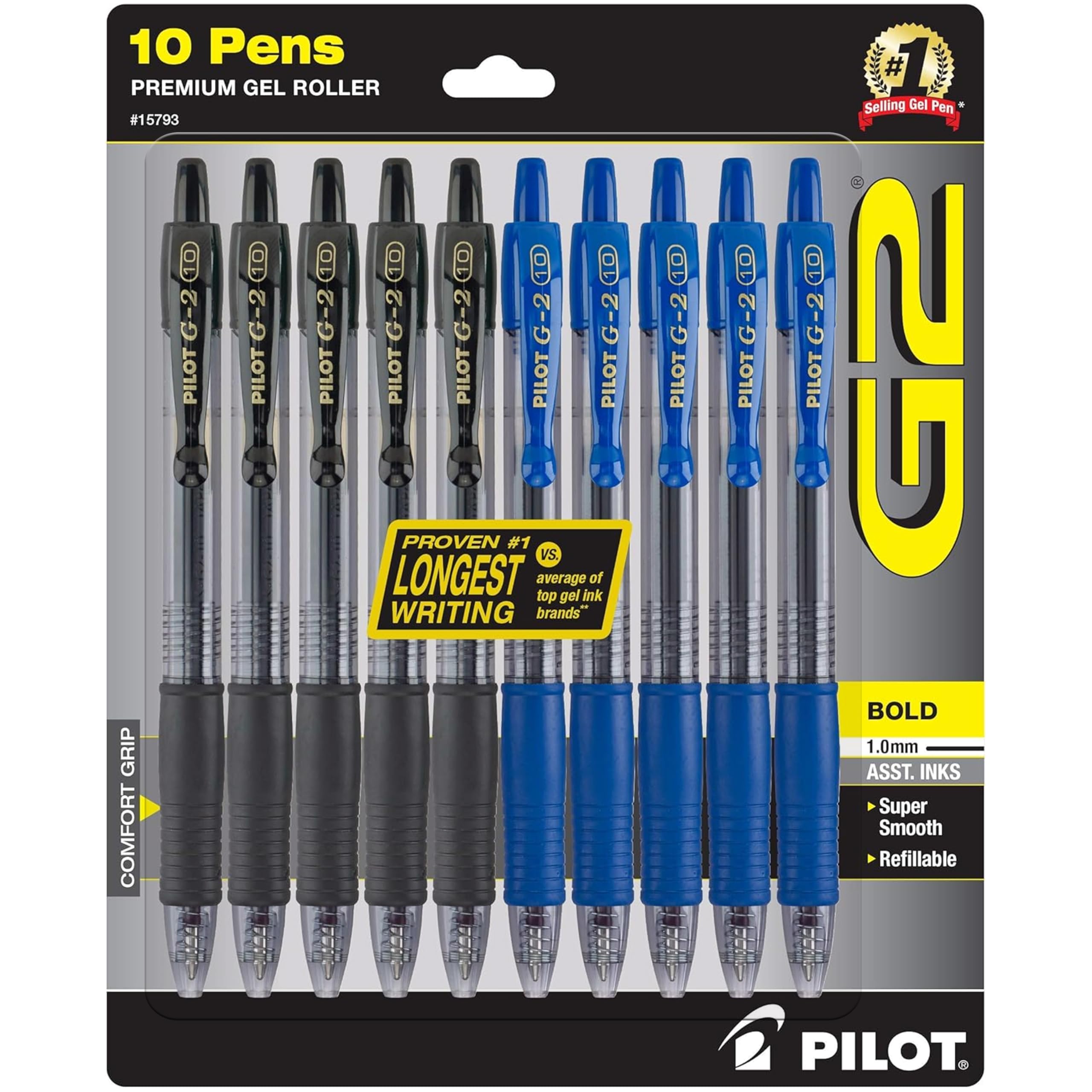 PILOT G2 front packaging showing ten pens for dependable everyday use