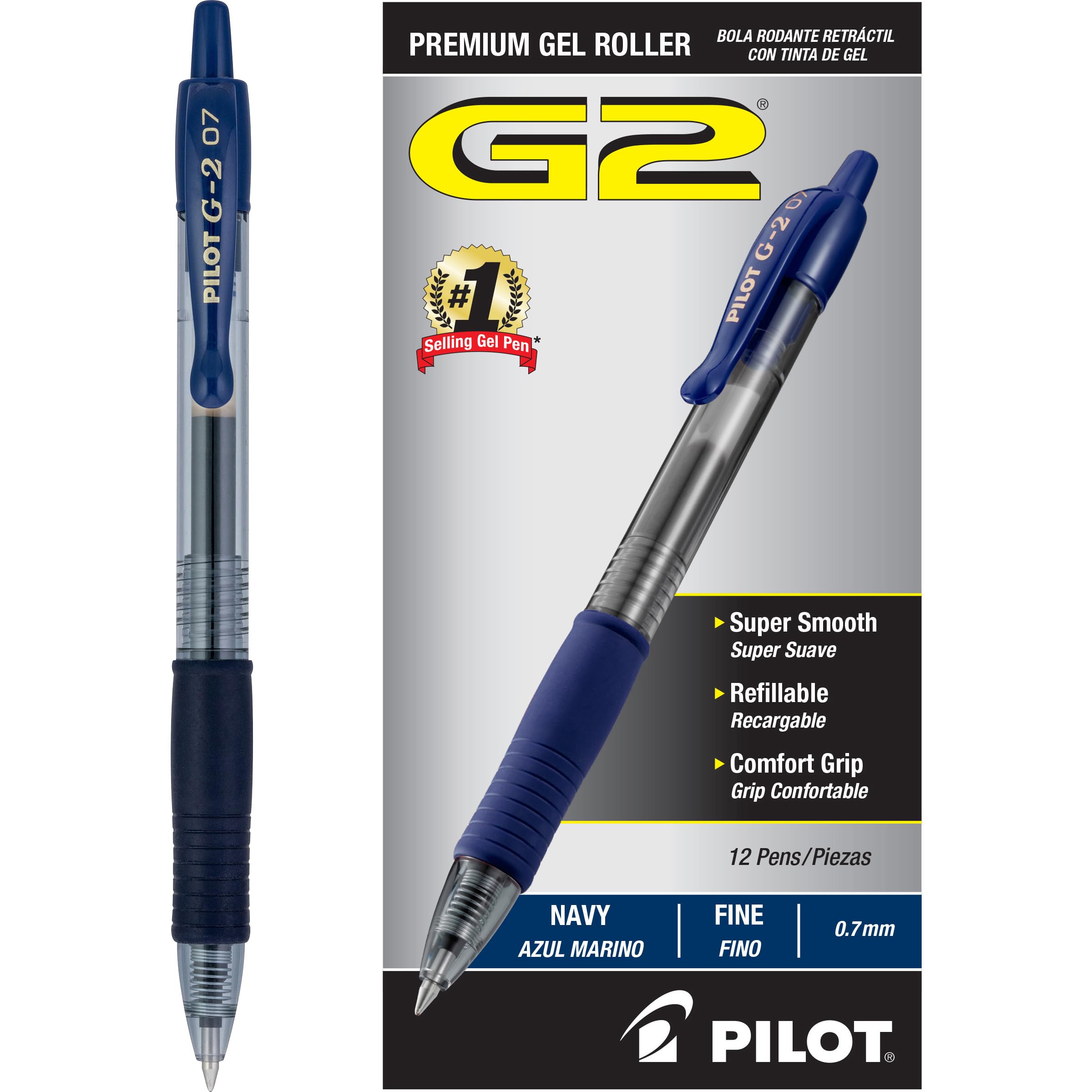 PILOT G2 pack front view showing 12 pens and clear benefits