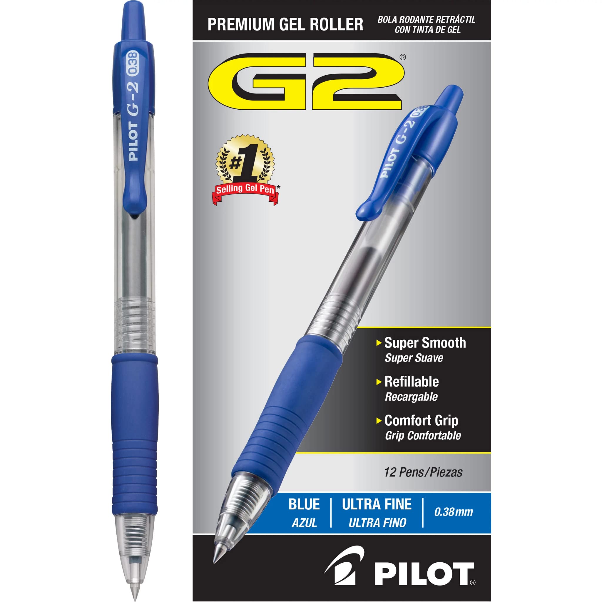 PILOT G2 tip close-up highlighting .38mm precision and crisp lines