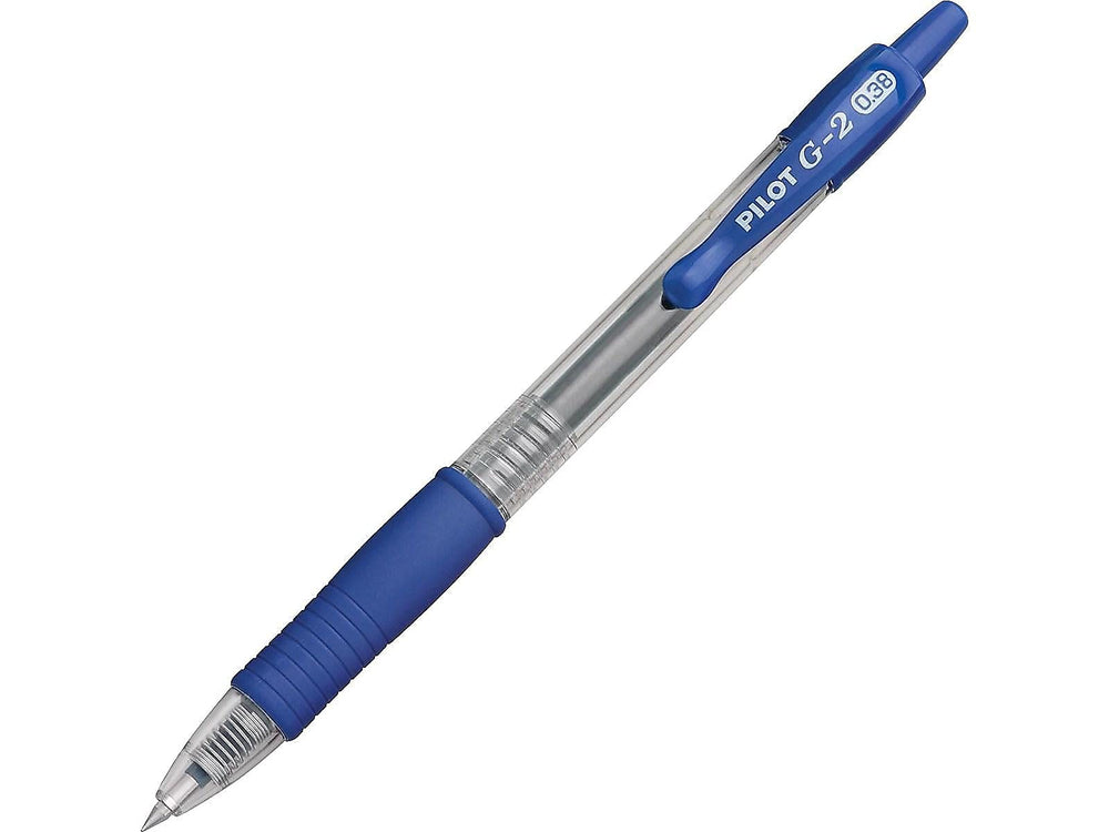 PILOT G2 writing sample on notebook displaying quick-dry blue ink