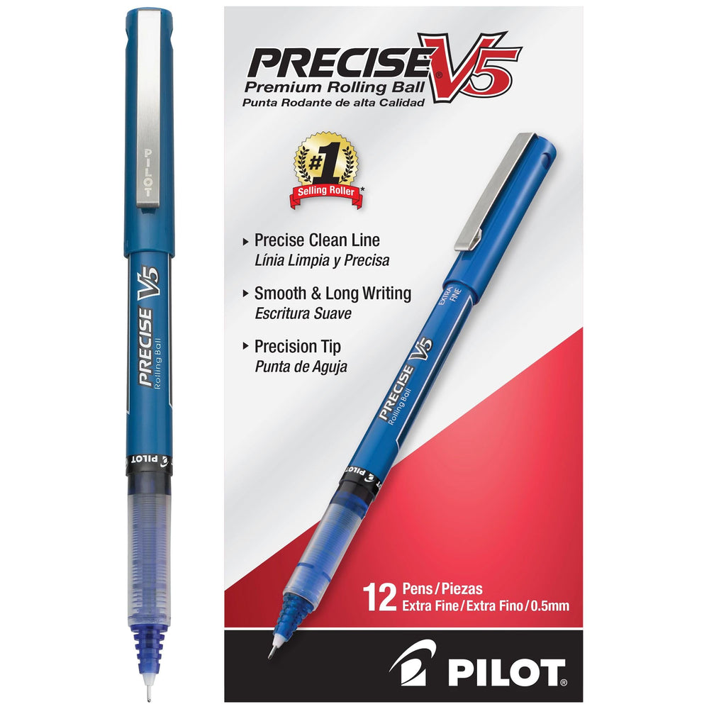 PILOT Precise V5 pack of 12 blue pens showing packaging and caps for reliable storage