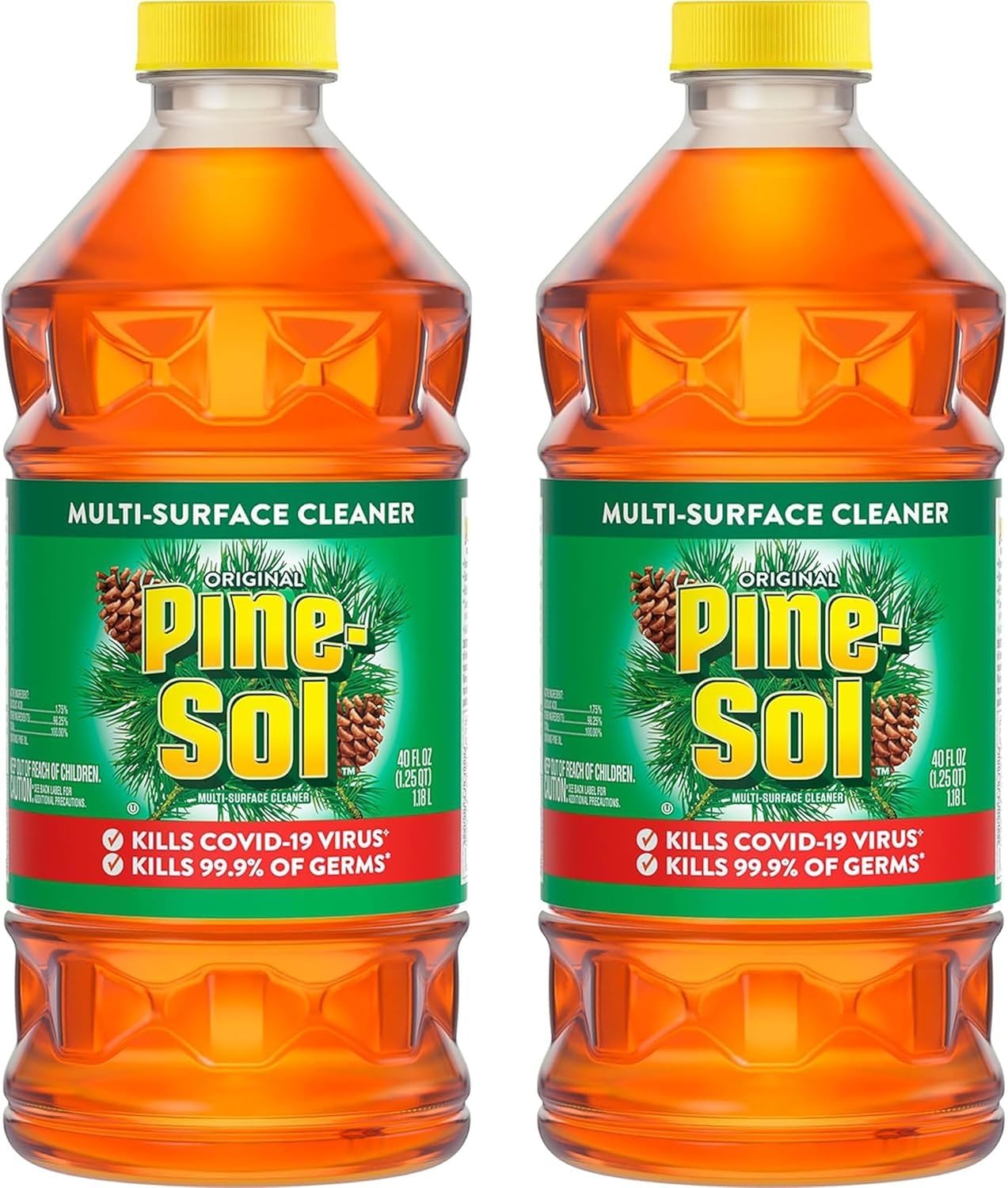 Pine-Sol bottle front view showing brand and fresh pine scent, great for multi-surface cleaning