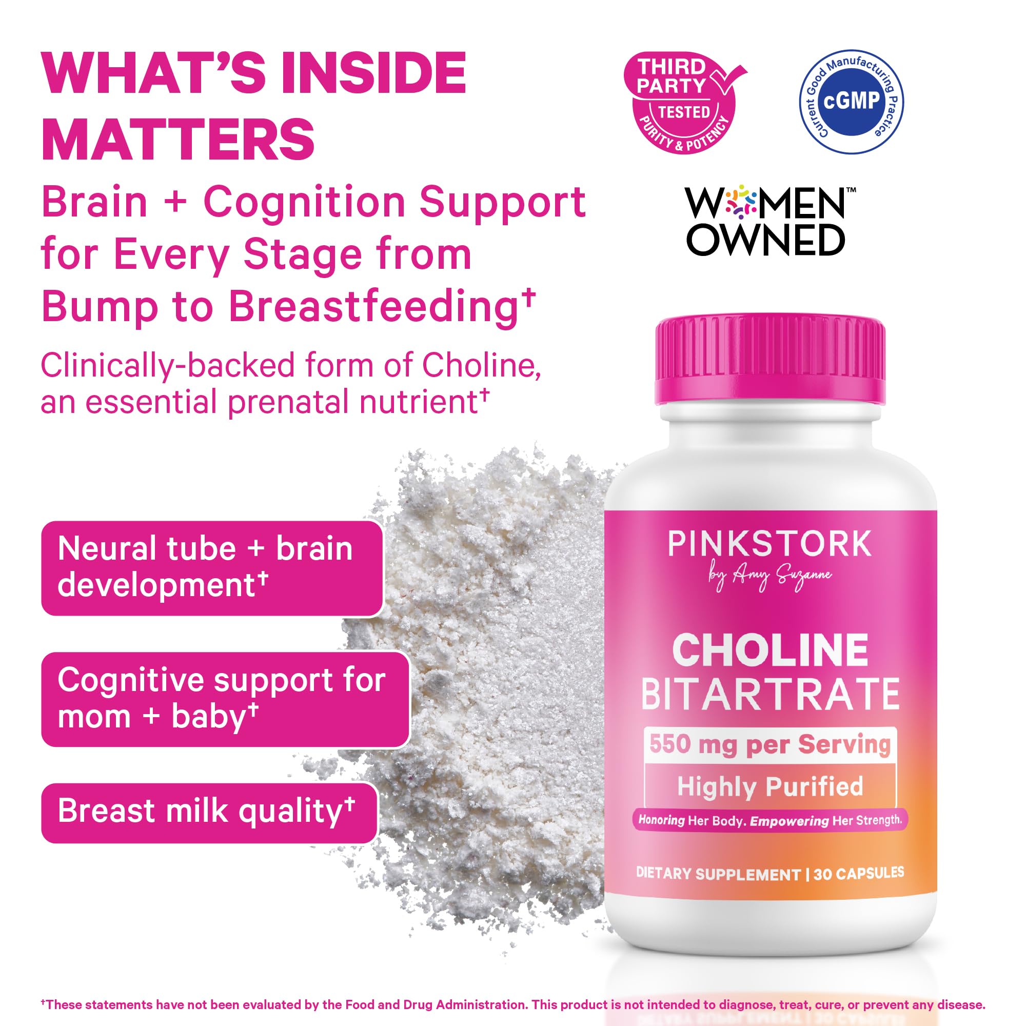 Pink Stork bottle open with capsules visible demonstrating easy daily dose