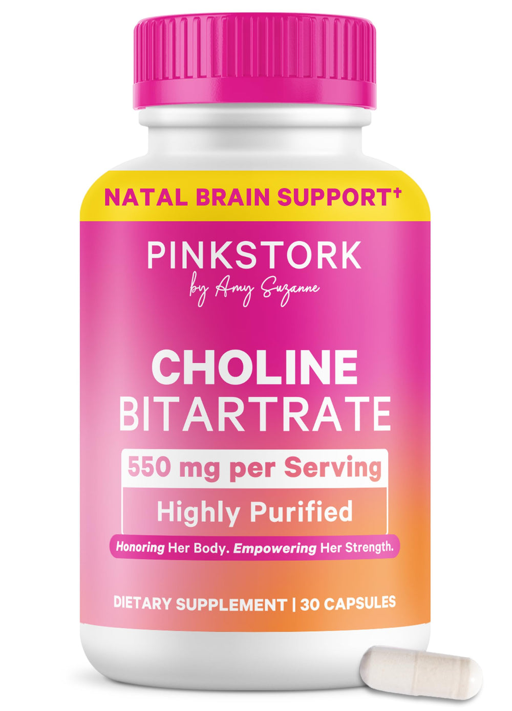 Pink Stork front packaging showing clean prenatal choline design and reassurance