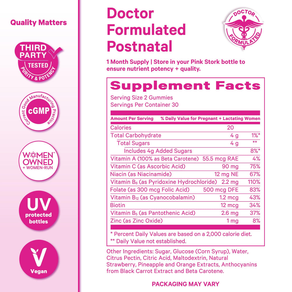Pink Stork gummies next to diaper bag showing on-the-go postpartum convenience
