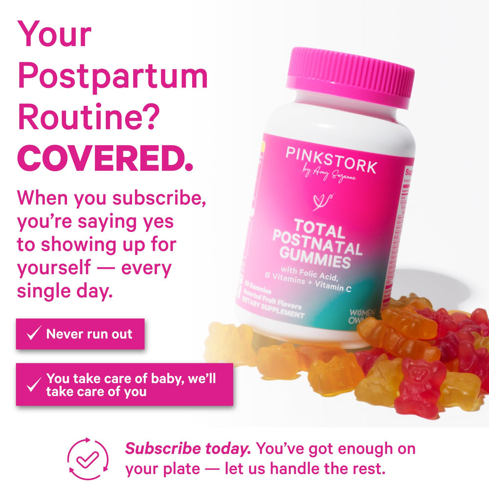 Pink Stork gummy held in hand illustrating size and portable postpartum benefit