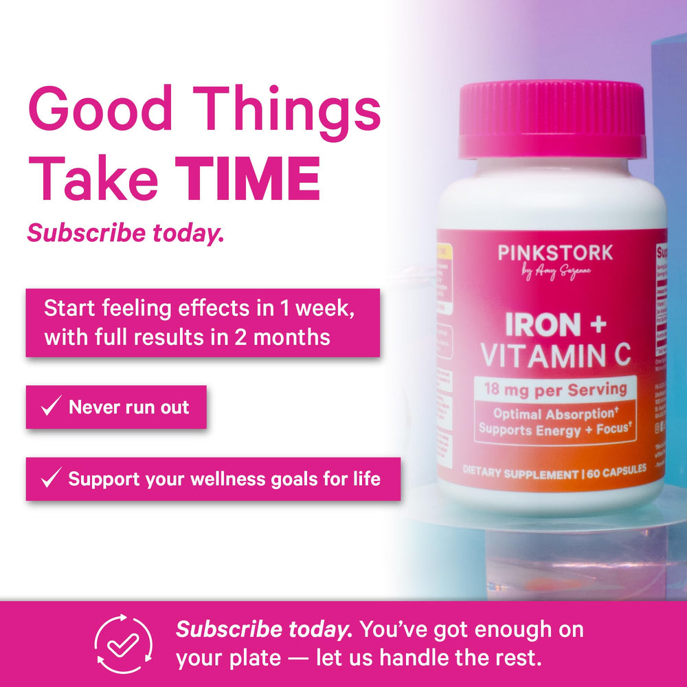 Label close-up with supplement facts, Pink Stork transparency and purity benefit