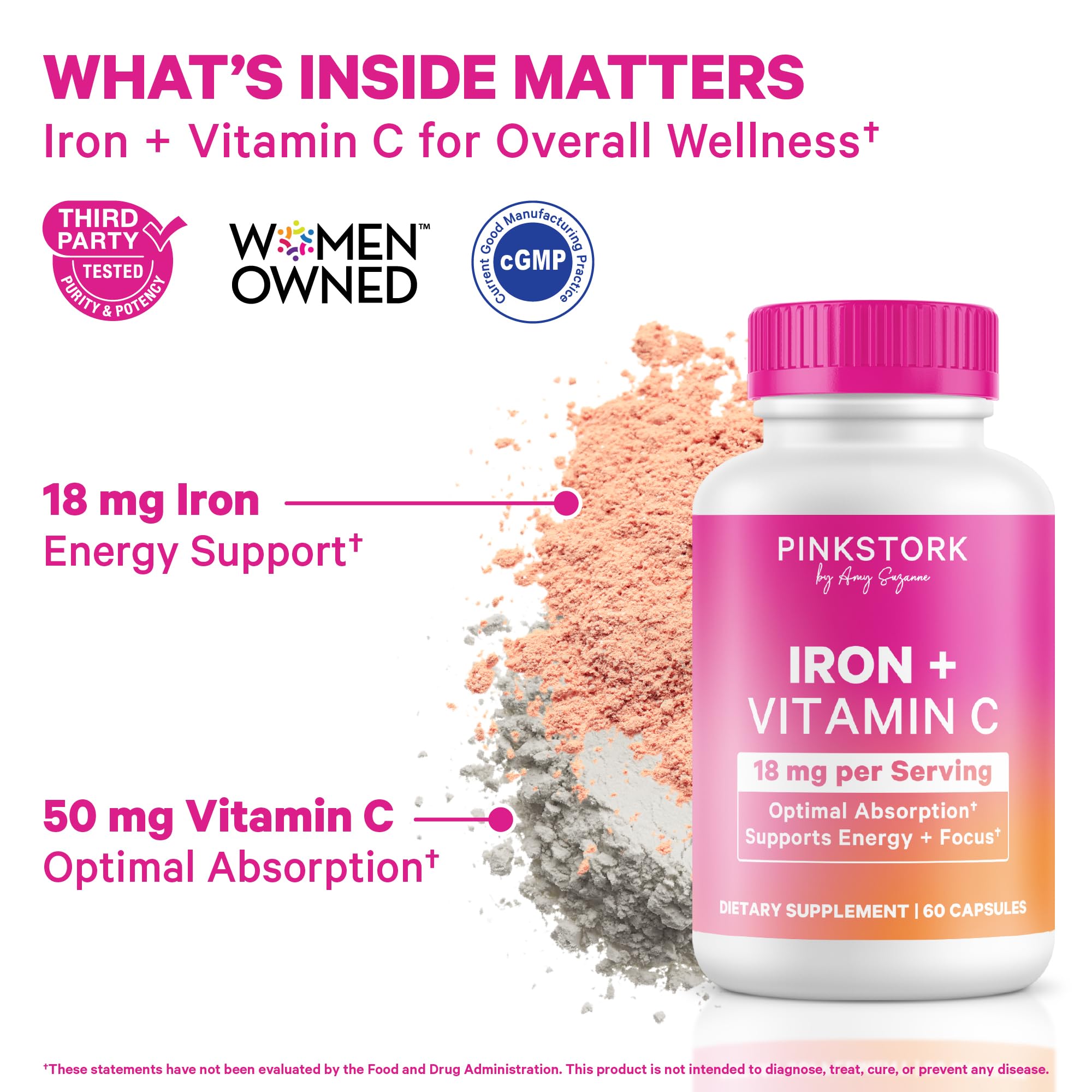 Pink Stork open bottle with capsules visible, easy daily routine benefit