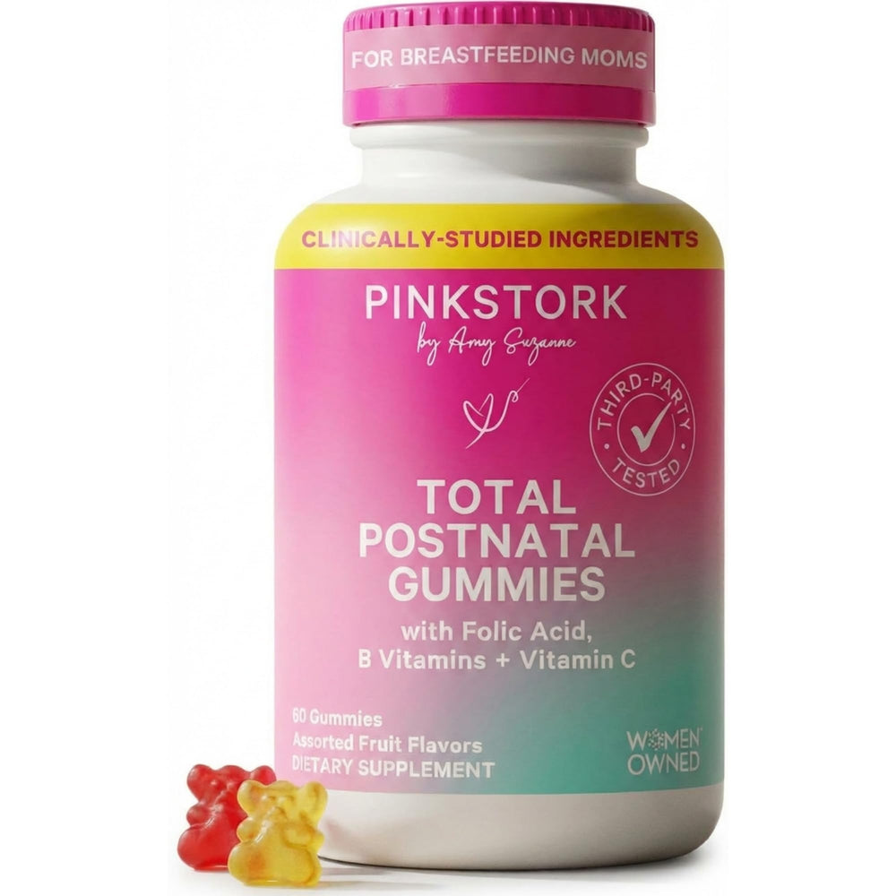 Pink Stork front packaging showing gummies and benefit of postpartum support