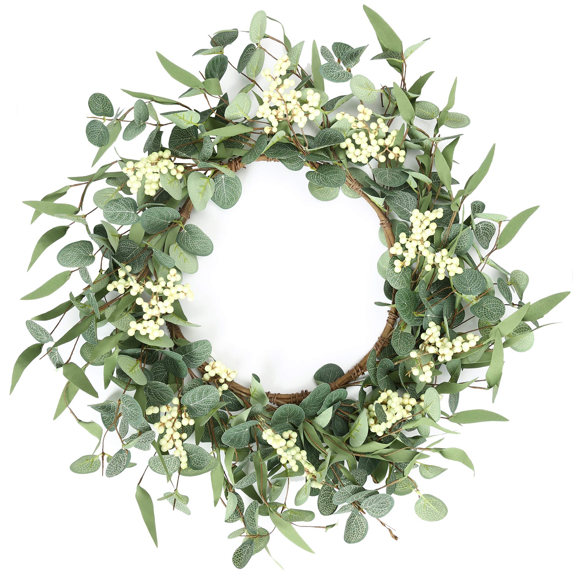 pinkpum front view showing full 20-inch eucalyptus wreath and welcoming curb appeal
