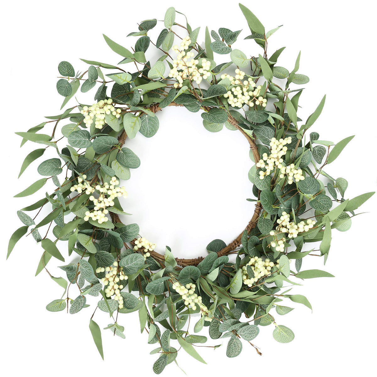 pinkpum front view showing full 20-inch eucalyptus wreath and welcoming curb appeal