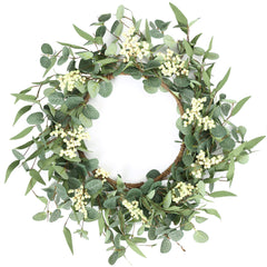 pinkpum front view showing full 20-inch eucalyptus wreath and welcoming curb appeal