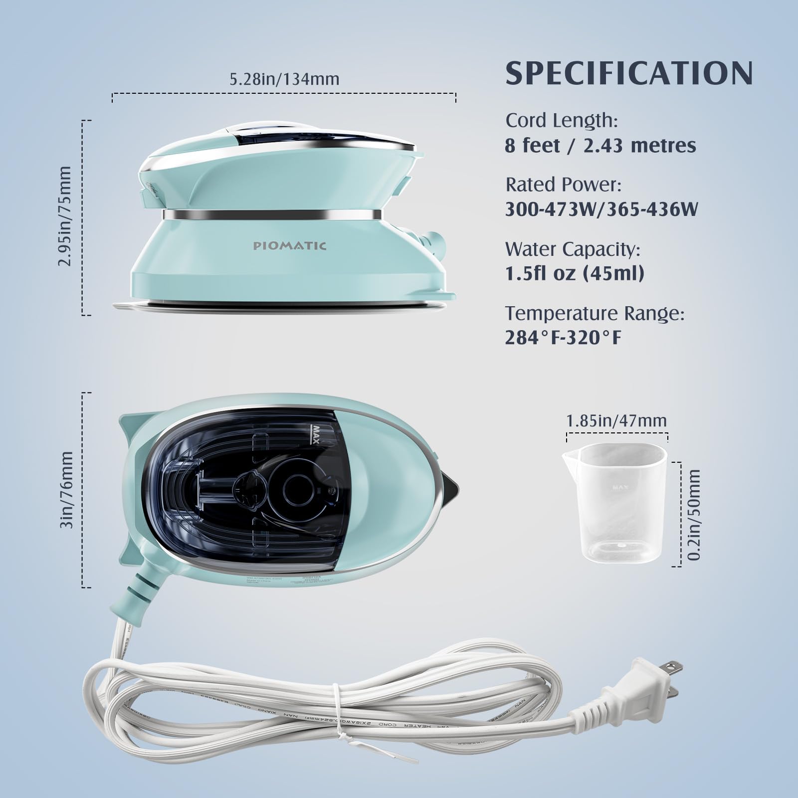 PIOMATIC iron next to phone showing size scale for easy packing benefit